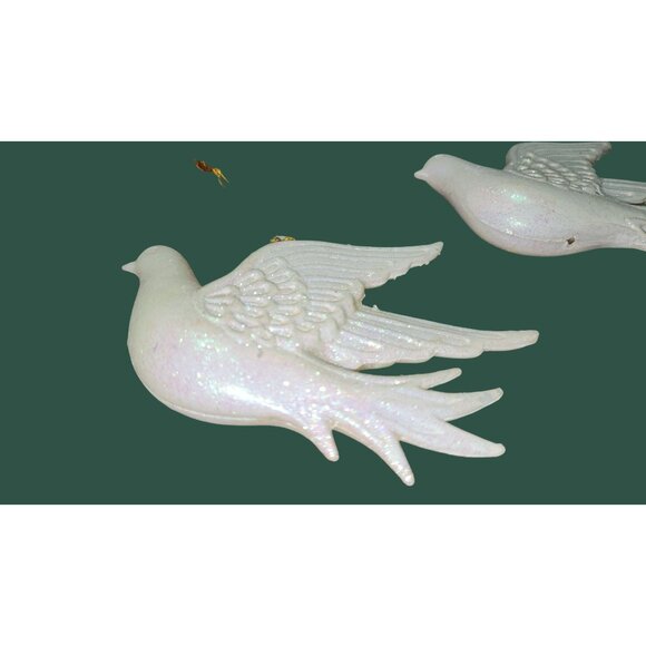 Vintage White Glitter Dove Hanging Ornaments Set Of 2 Gold Strings - Picture 7 of 9